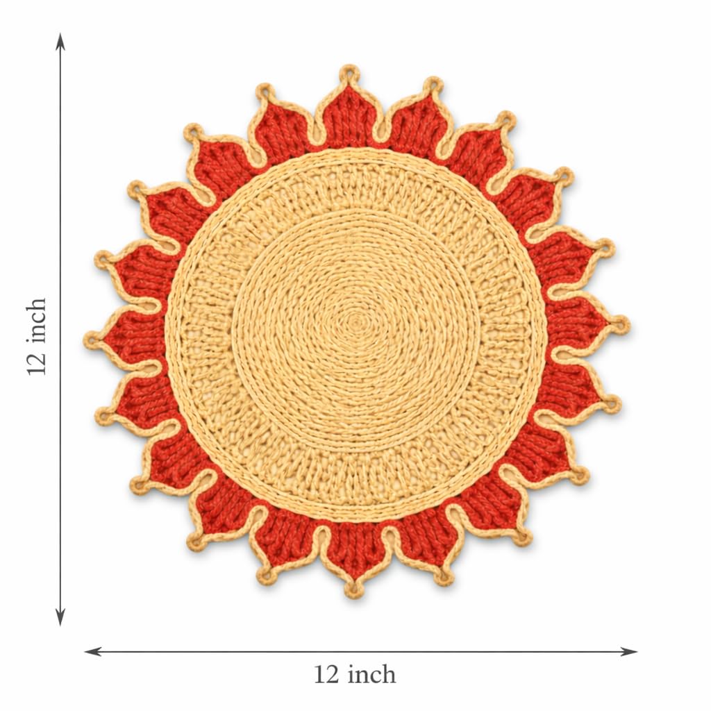 Bengal Handicrafts & Handlooms Braided Jute Round Placemats | 100% Natural Handwoven Table Mats for Dining, Bedside & Centre Table | Eco-Friendly Home Décor | Red, 12 Inch | Set of 2