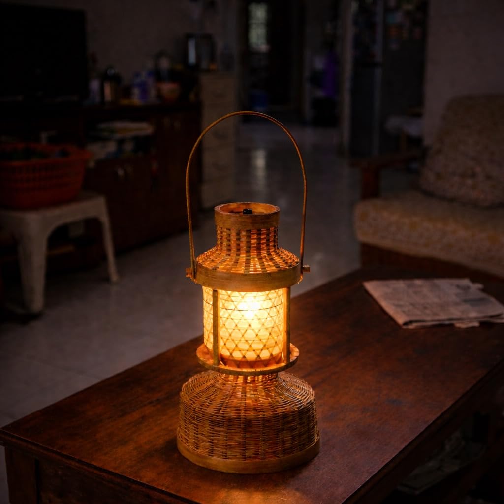 Bengal Handicrafts & Handlooms Bamboo Decorative Lantern Light | 5W Warm LED Table & Hanging Lamp | Handcrafted Straight Bamboo Home Décor Light | AC/DC Powered | Brown