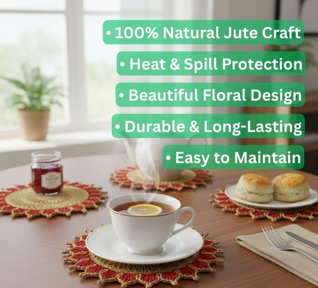 Bengal Handicrafts & Handlooms Braided Jute Round Placemats | 100% Natural Handwoven Table Mats for Dining, Bedside & Centre Table | Eco-Friendly Home Décor | Red, 12 Inch | Set of 2