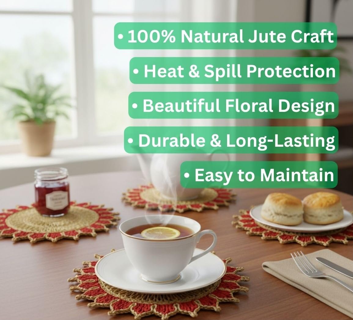 Bengal Handicrafts & Handlooms Braided Jute Round Placemats | 100% Natural Handwoven Table Mats for Dining, Bedside & Centre Table | Eco-Friendly Home Décor | Red, 12 Inch | Set of 2