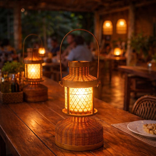 Bengal Handicrafts & Handlooms Bamboo Decorative Lantern Light | 5W Warm LED Table & Hanging Lamp | Handcrafted Straight Bamboo Home Décor Light | AC/DC Powered | Brown