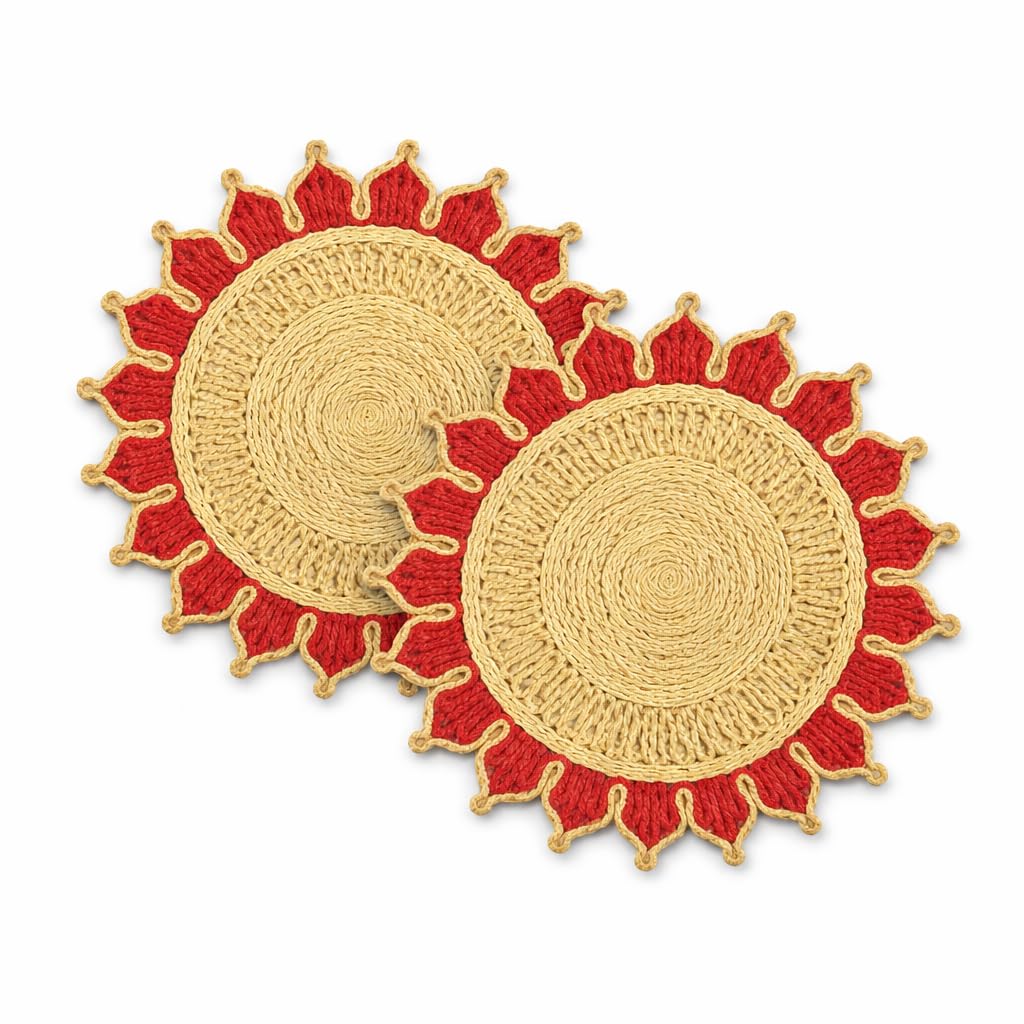 Bengal Handicrafts & Handlooms Braided Jute Round Placemats | 100% Natural Handwoven Table Mats for Dining, Bedside & Centre Table | Eco-Friendly Home Décor | Red, 12 Inch | Set of 2