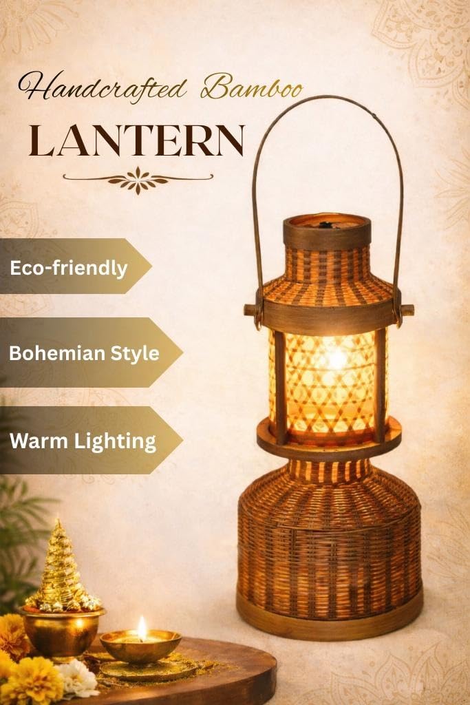 Bengal Handicrafts & Handlooms Bamboo Decorative Lantern Light | 5W Warm LED Table & Hanging Lamp | Handcrafted Straight Bamboo Home Décor Light | AC/DC Powered | Brown