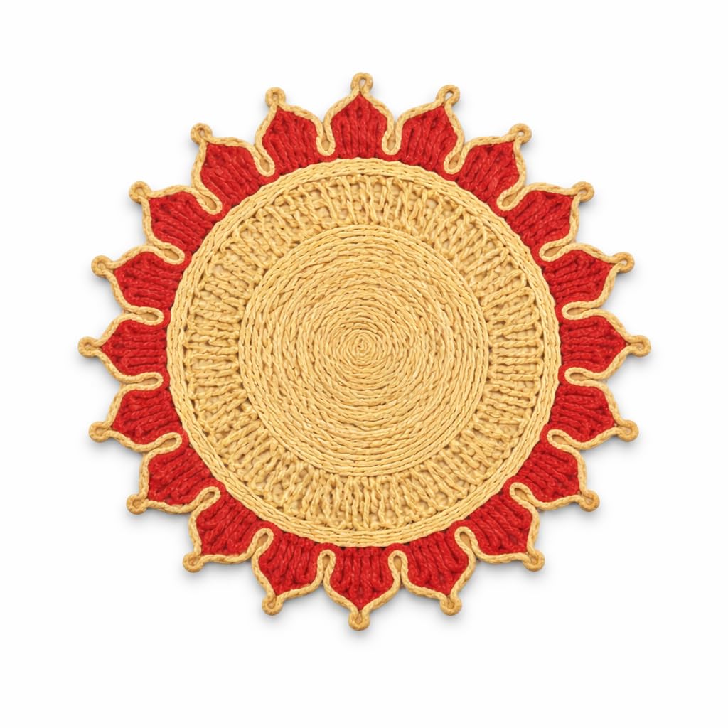 Bengal Handicrafts & Handlooms Braided Jute Round Placemats | 100% Natural Handwoven Table Mats for Dining, Bedside & Centre Table | Eco-Friendly Home Décor | Red, 12 Inch | Set of 2
