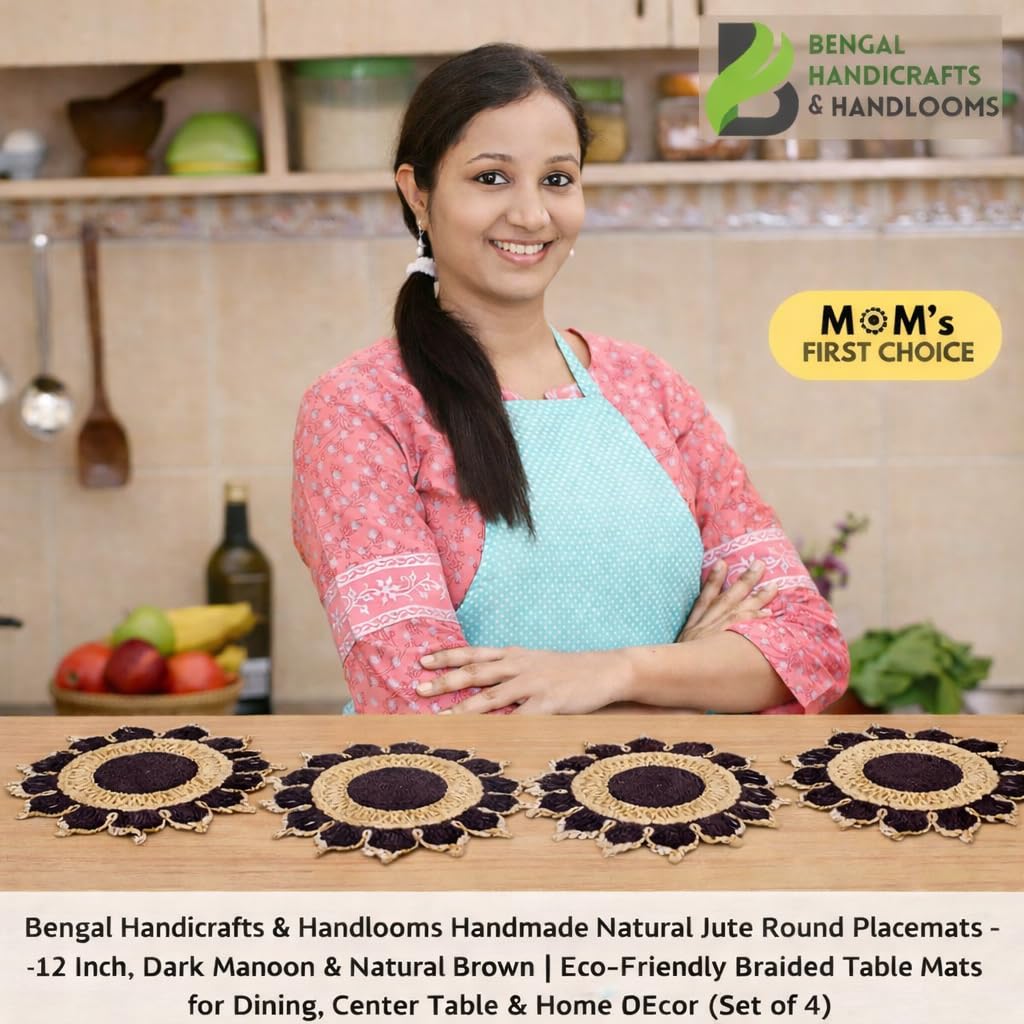 Bengal Handicrafts & Handlooms Handmade Natural Jute Round Placemats – 12 Inch, Dark Maroon & Natural Brown | Eco-Friendly Braided Table Mats for Dining, Center Table & Home Decor (Set of 4)