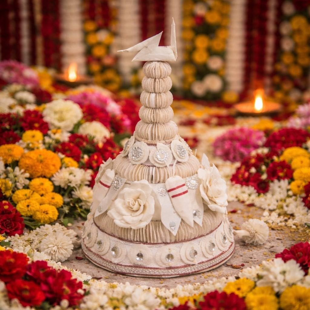 Traditional Sholar Topor / Sholar Mukut (শোলার টোপর / মুকুট) for Bengali Hindu Wedding | Handmade Natural Shola Mukut with Shola Mala & Dolangi | Ultra-Light Bengali Traditional Headgear for Adults