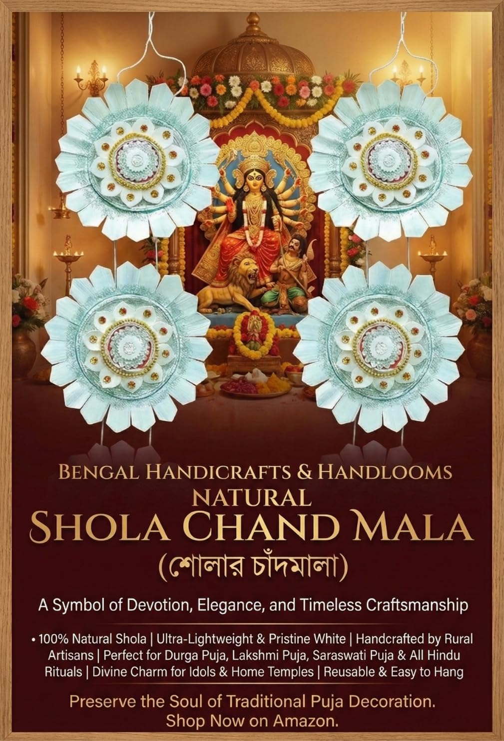 Bengal Handicrafts & Handlooms Natural Shola Chand Mala (শোলার চাঁদমালা) for Durga Puja, Lakshmi Puja & Saraswati Puja | Handmade Bengali Shola Puja Decoration | Traditional Chandmala | 2 Mala Set
