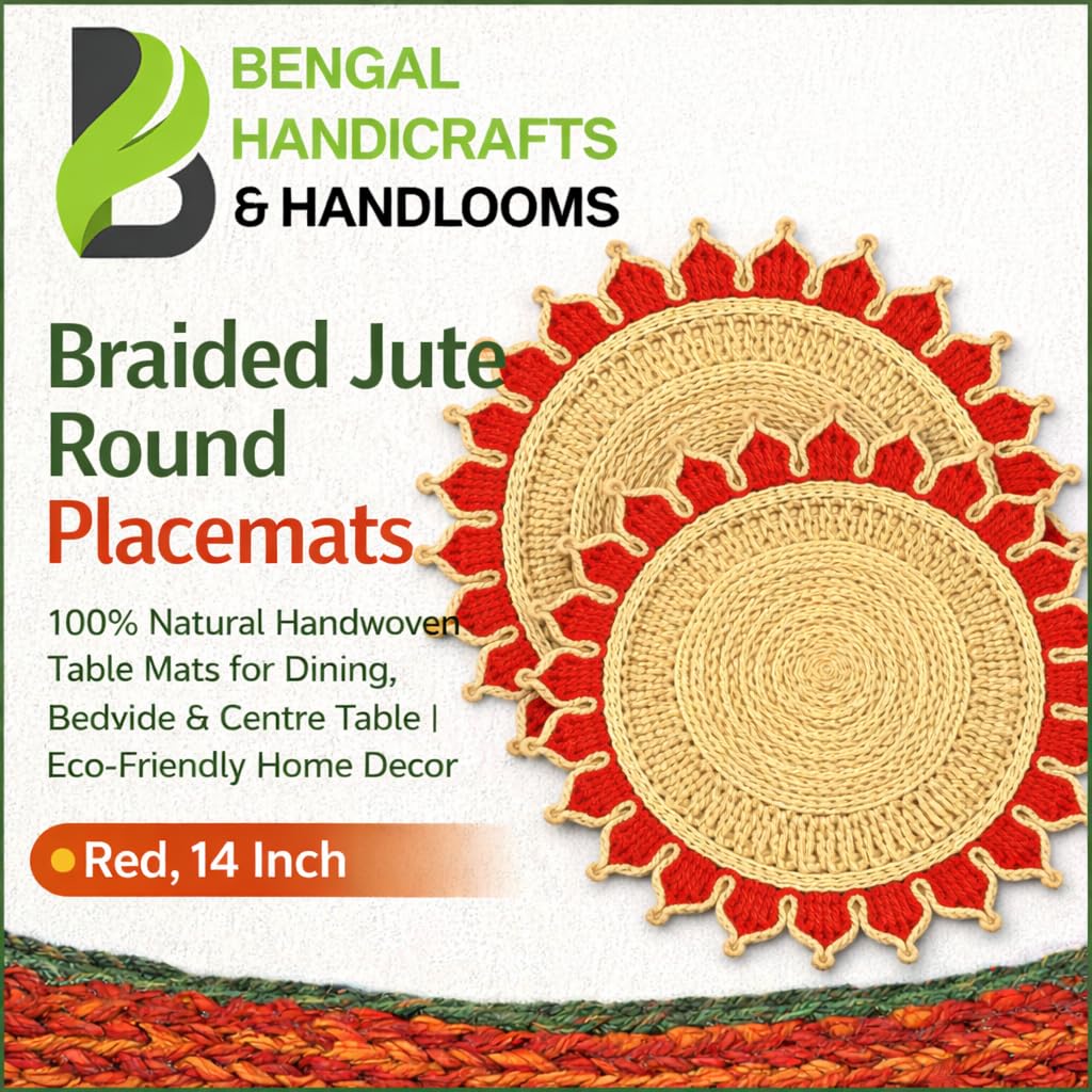 Bengal Handicrafts & Handlooms Braided Jute Round Placemats | 100% Natural Handwoven Table Mats for Dining, Bedside & Centre Table | Eco-Friendly Home Decor | Red, 14 Inch | Set of 2