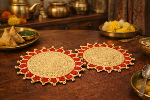 Bengal Handicrafts & Handlooms Braided Jute Round Placemats | 100% Natural Handwoven Table Mats for Dining, Bedside & Centre Table | Eco-Friendly Home Decor | Red, 14 Inch | Set of 2