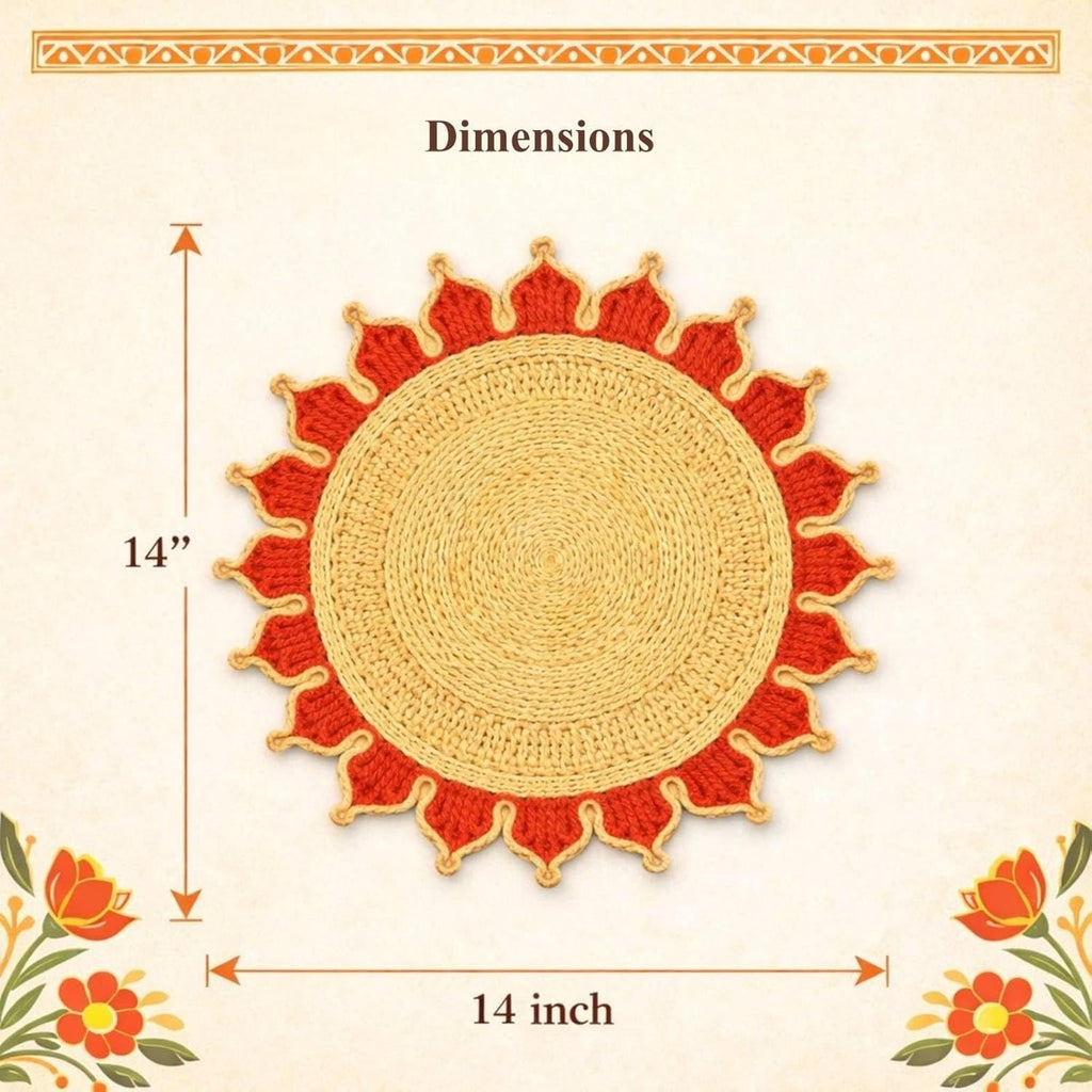 Bengal Handicrafts & Handlooms Braided Jute Round Placemats | 100% Natural Handwoven Table Mats for Dining, Bedside & Centre Table | Eco-Friendly Home Decor | Red, 14 Inch | Set of 2
