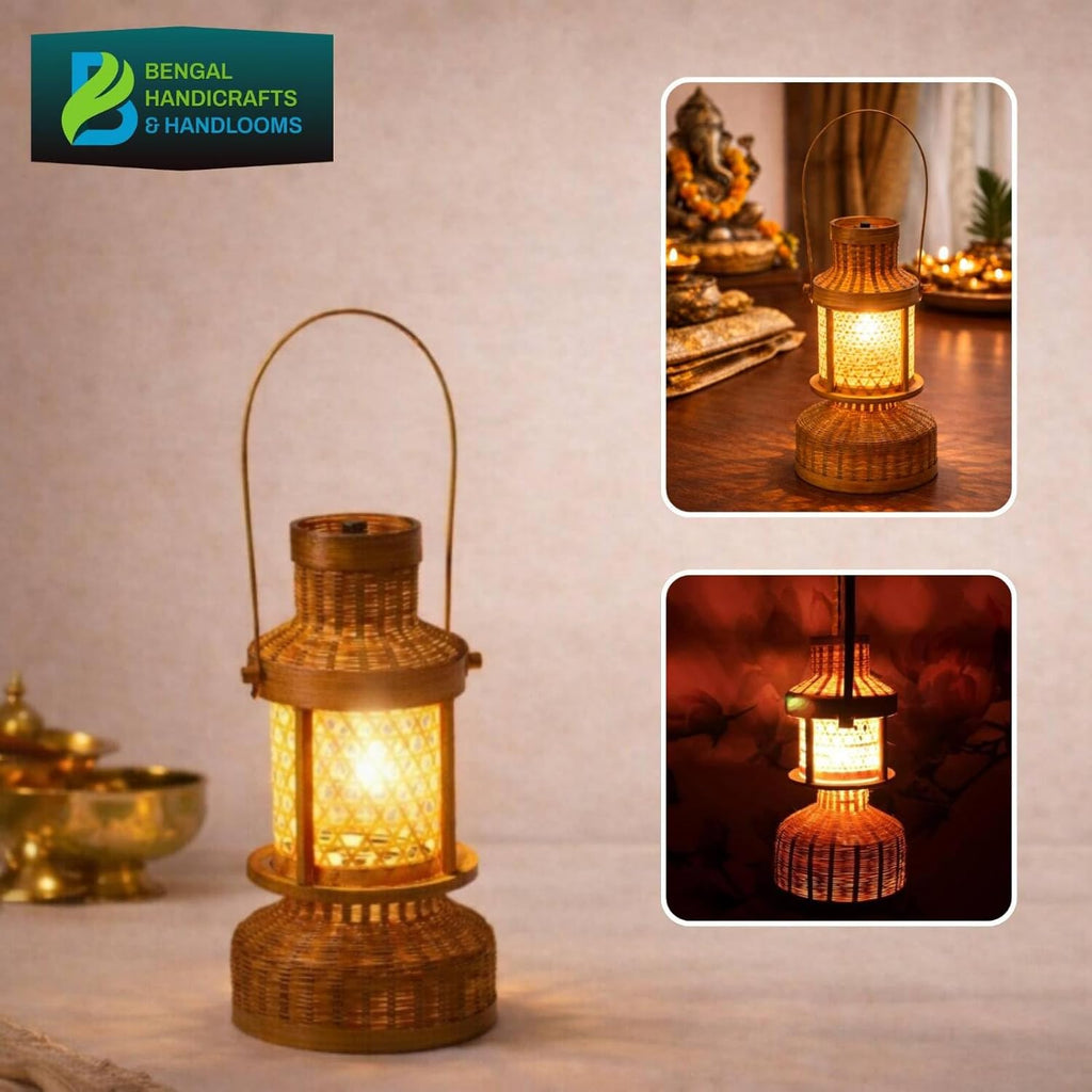 Bengal Handicrafts & Handlooms Bamboo Decorative Lantern Light | 5W Warm LED Table & Hanging Lamp | Handcrafted Straight Bamboo Home Décor Light | AC/DC Powered | Brown