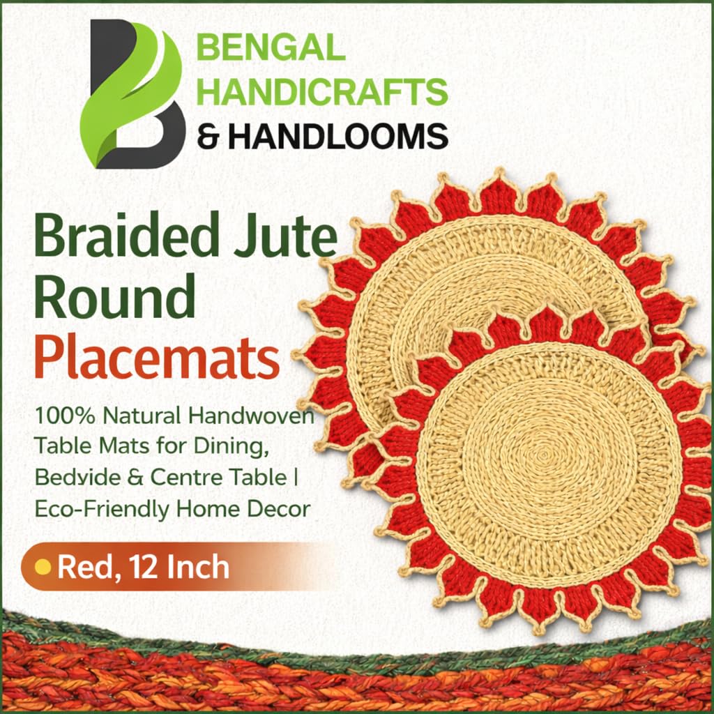 Bengal Handicrafts & Handlooms Braided Jute Round Placemats | 100% Natural Handwoven Table Mats for Dining, Bedside & Centre Table | Eco-Friendly Home Décor | Red, 12 Inch | Set of 2