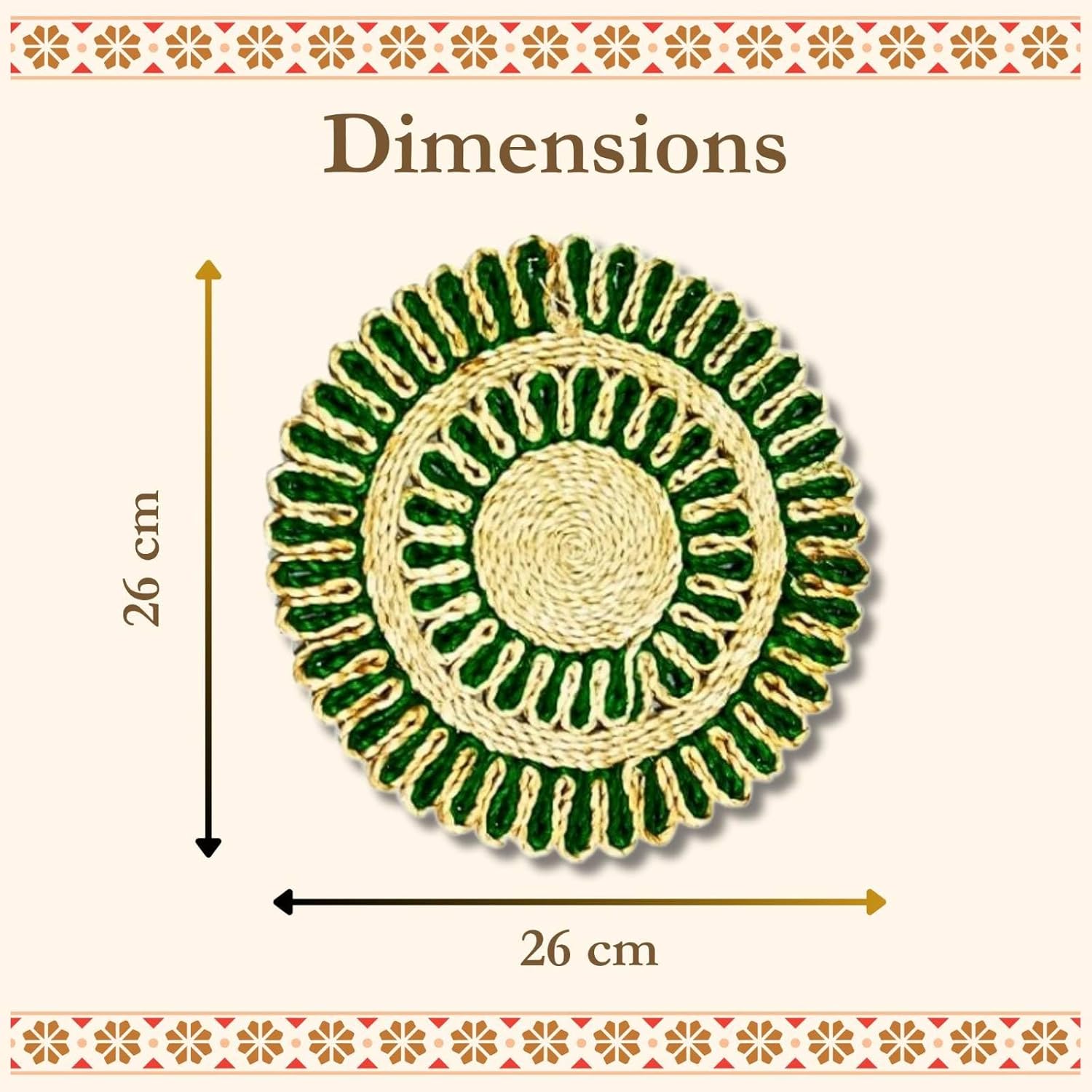 Bengal Handicrafts & Handlooms Round Braided Jute Placemats for Dining Tables, Anti-Skid Natural Table Mats, Eco-Friendly Handmade, Set of 2, Lite Green, 26 cm
