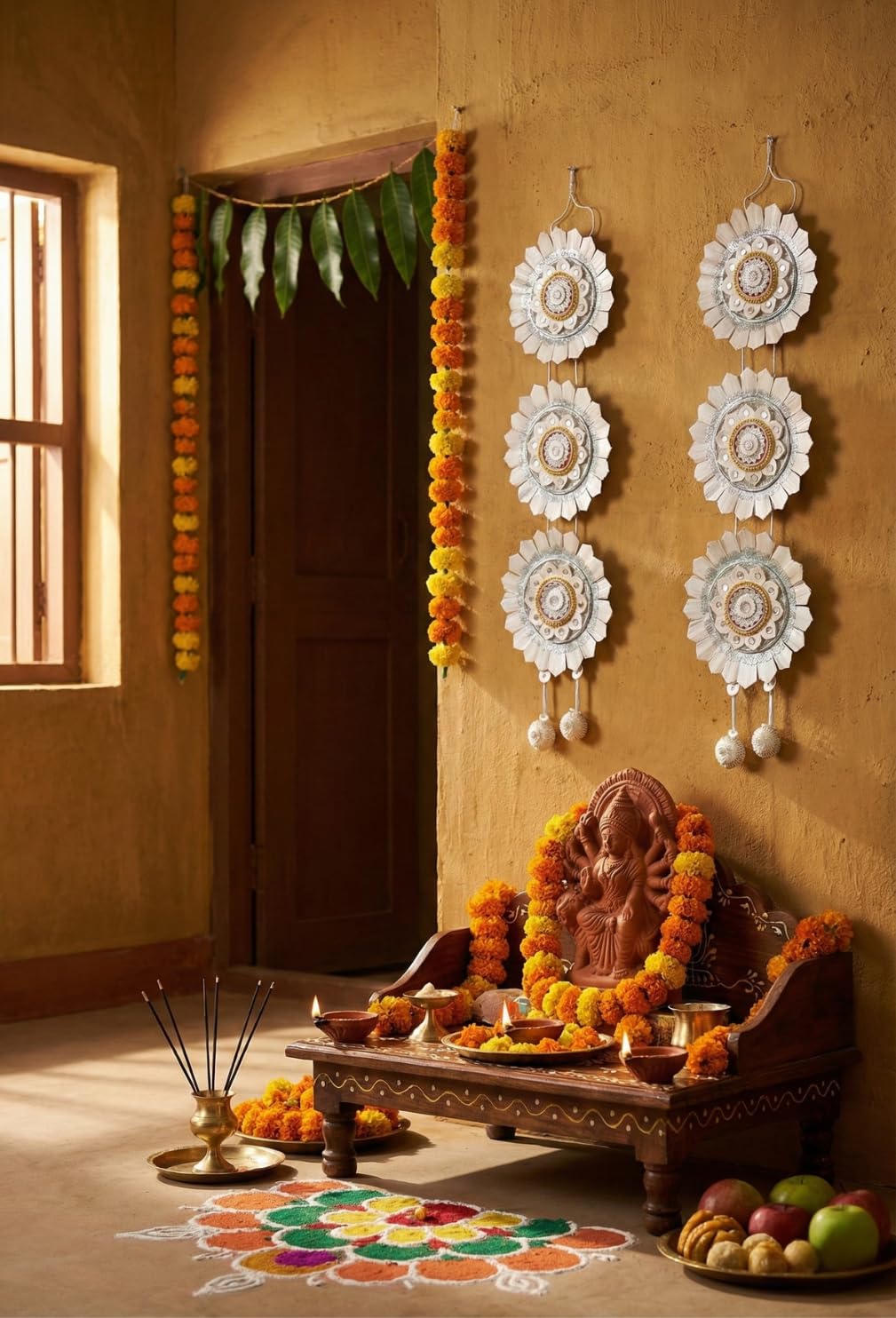 Bengal Handicrafts & Handlooms Natural Shola Chand Mala (শোলার চাঁদমালা) for Durga Puja, Lakshmi Puja & Saraswati Puja | Handmade Bengali Shola Puja Decoration | Traditional Chandmala | 2 Mala Set