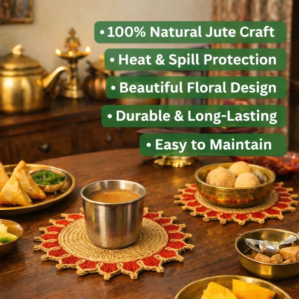 Bengal Handicrafts & Handlooms Braided Jute Round Placemats | 100% Natural Handwoven Table Mats for Dining, Bedside & Centre Table | Eco-Friendly Home Decor | Red, 14 Inch | Set of 2