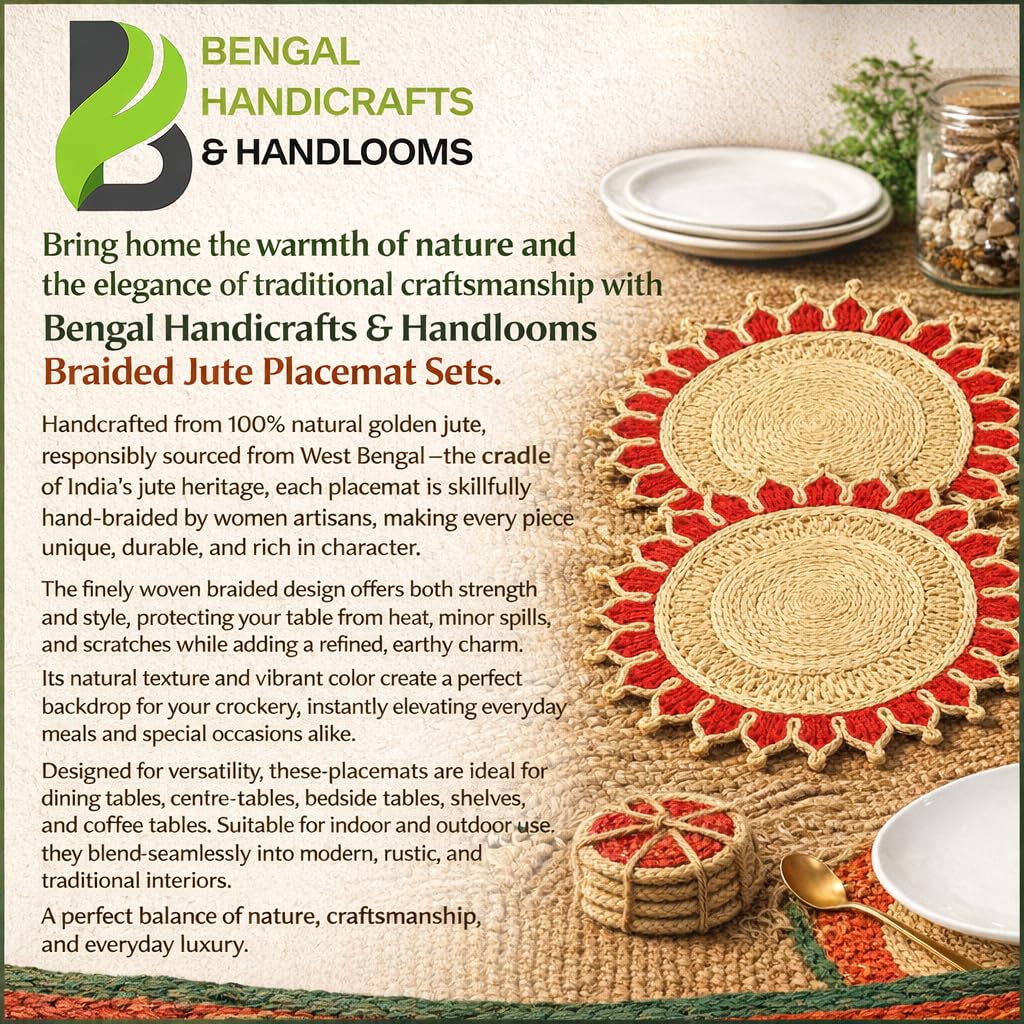 Bengal Handicrafts & Handlooms Braided Jute Round Placemats | 100% Natural Handwoven Table Mats for Dining, Bedside & Centre Table | Eco-Friendly Home Decor | Red, 14 Inch | Set of 2