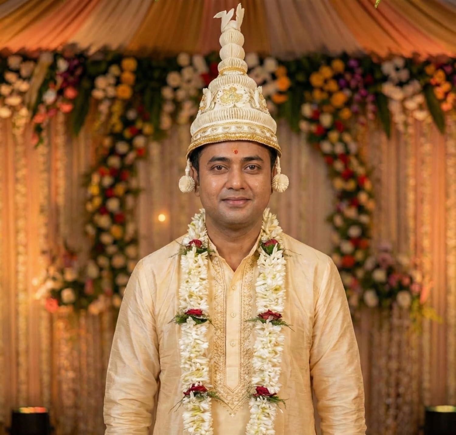 Sholar Topor/Sholar Mukut (শোলার টোপর / মুকুট) – Traditional Bengali Hindu Wedding & Annaprasan Crown | Natural Shola, Ultra-Lightweight | with Shola Garland & Dolangi (Golden)