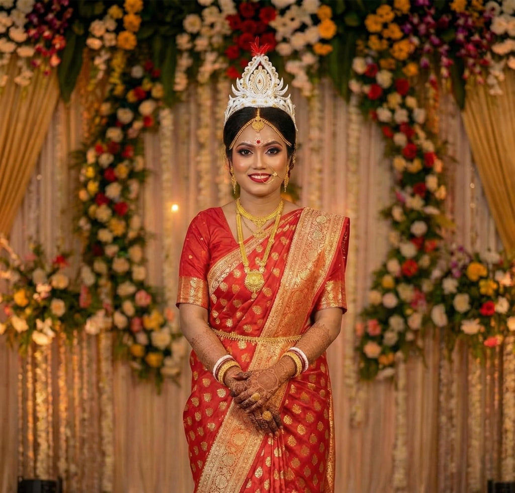 Sholar Topor/Sholar Mukut (শোলার টোপর / মুকুট) – Traditional Bengali Hindu Wedding & Annaprasan Crown | Natural Shola, Ultra-Lightweight | with Shola Garland & Dolangi (Golden)