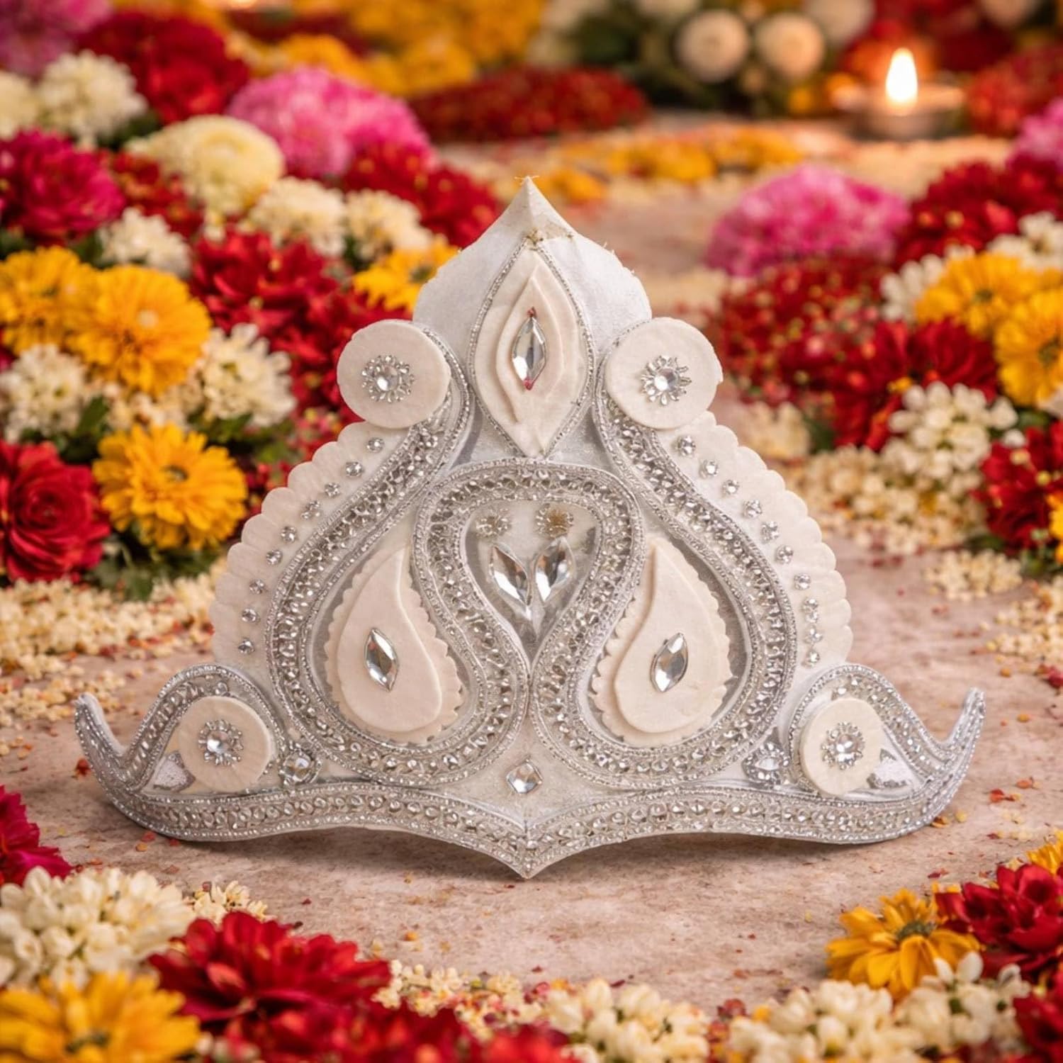 Traditional Sholar Topor / Sholar Mukut (শোলার টোপর / মুকুট) for Bengali Hindu Wedding | Handmade Natural Shola Mukut with Shola Mala & Dolangi | Ultra-Light Bengali Traditional Headgear for Adults