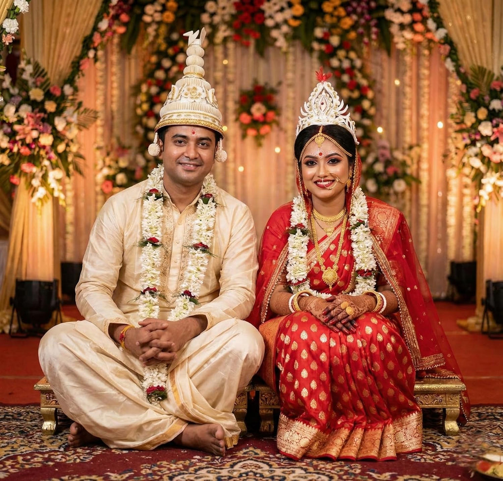 Sholar Topor/Sholar Mukut (শোলার টোপর / মুকুট) – Traditional Bengali Hindu Wedding & Annaprasan Crown | Natural Shola, Ultra-Lightweight | with Shola Garland & Dolangi (Golden)
