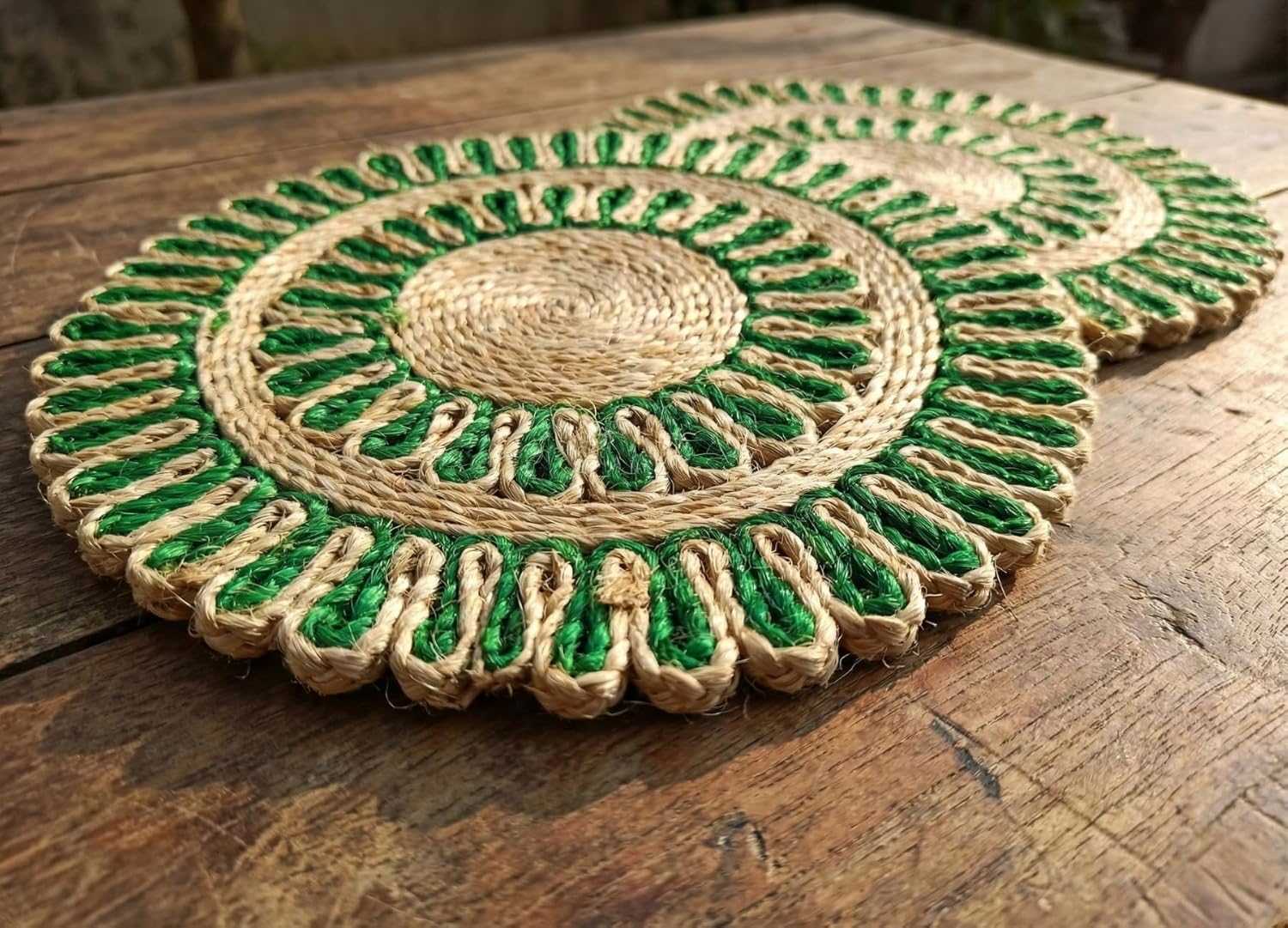 Bengal Handicrafts & Handlooms Round Braided Jute Placemats for Dining Tables, Anti-Skid Natural Table Mats, Eco-Friendly Handmade, Set of 2, Lite Green, 26 cm