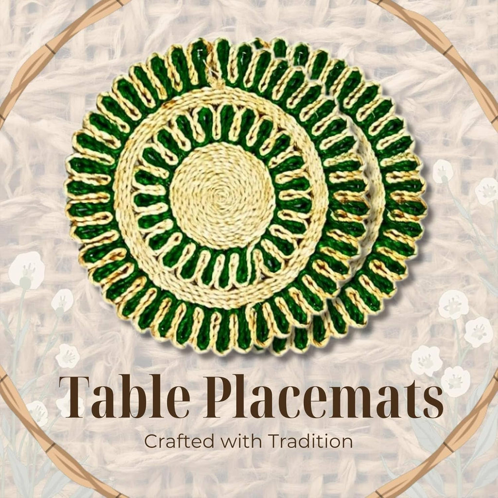 Bengal Handicrafts & Handlooms Round Braided Jute Placemats for Dining Tables, Anti-Skid Natural Table Mats, Eco-Friendly Handmade, Set of 2, Lite Green, 26 cm