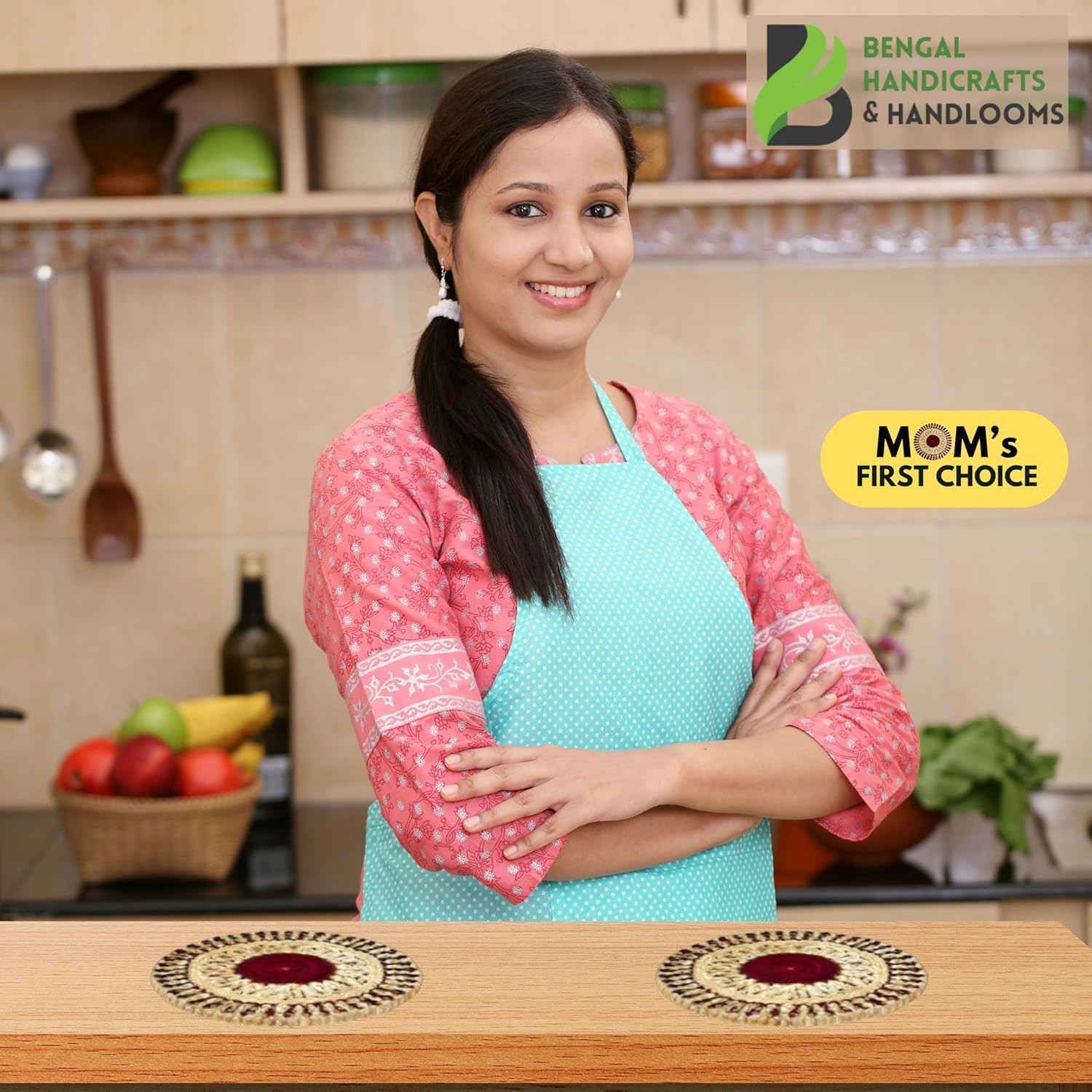 Bengal Handicrafts & Handlooms Braided Jute Placemats, |Round Table Mats| 26 cm, Set of 2. Anti Skid Mats Best for Bed-Side Table/Centre Table, Dining Table/Shelves, Natural Beige etc. (Megenta)