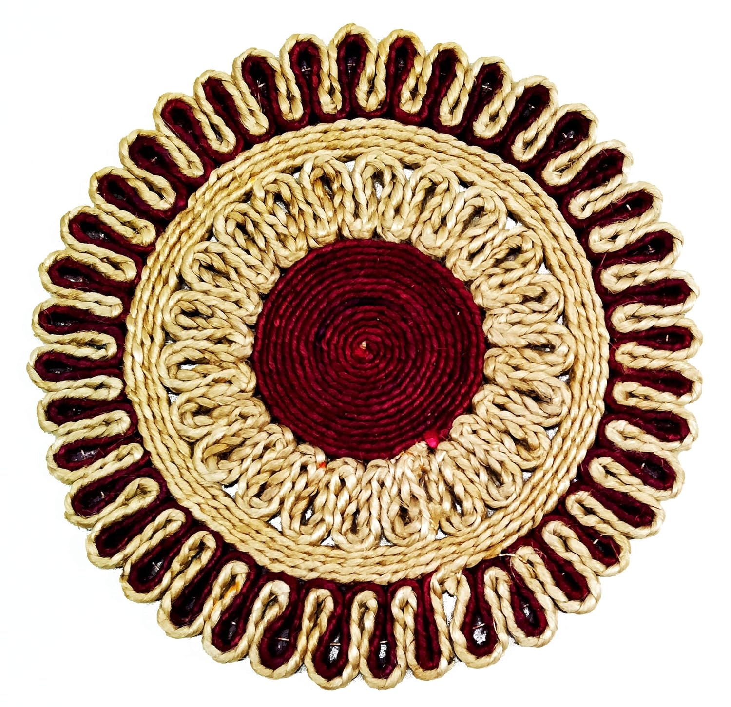 Bengal Handicrafts & Handlooms Braided Jute Placemats, |Round Table Mats| 26 cm, Set of 2. Anti Skid Mats Best for Bed-Side Table/Centre Table, Dining Table/Shelves, Natural Beige etc. (Megenta)