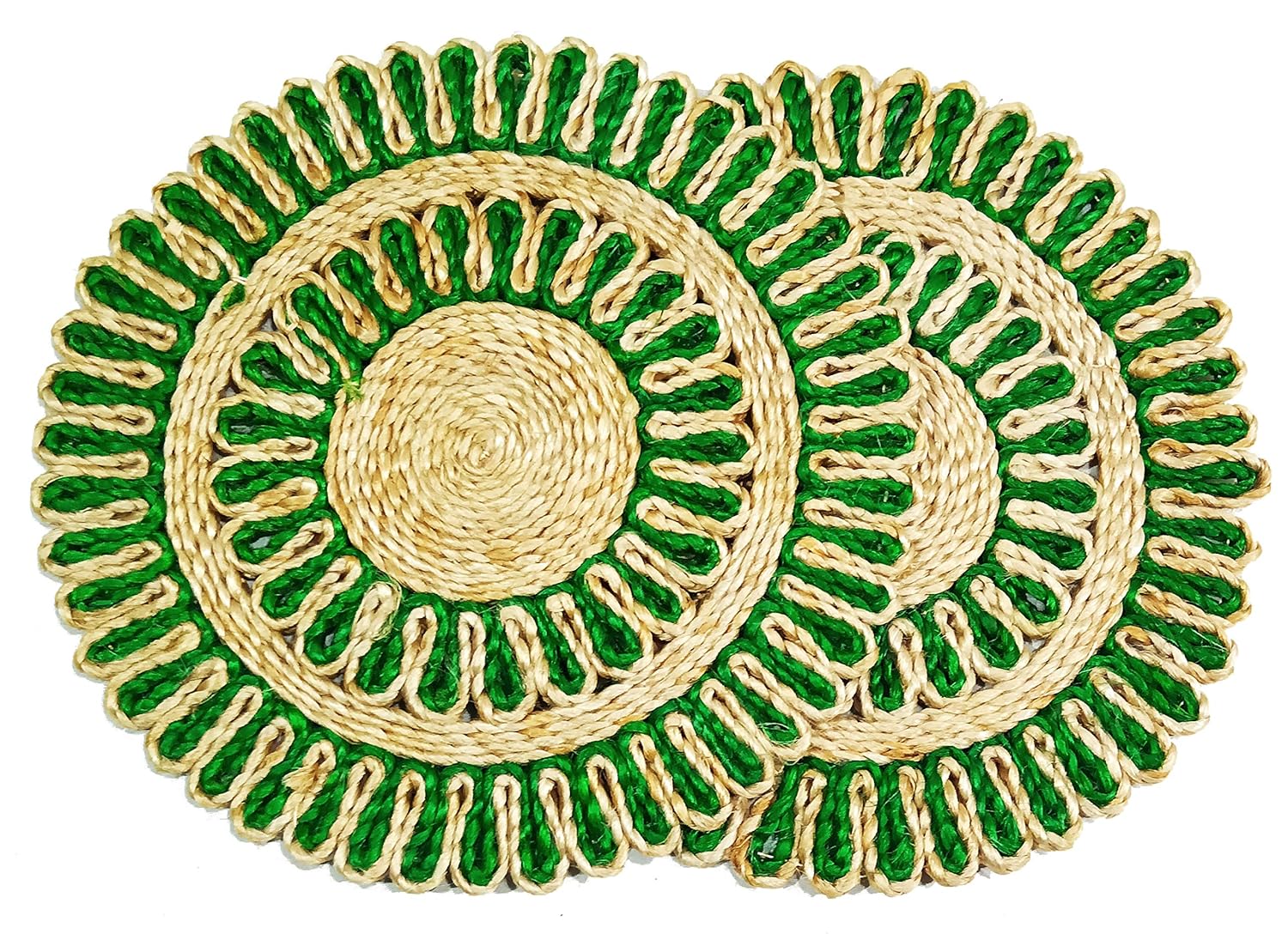 Bengal Handicrafts & Handlooms Round Braided Jute Placemats for Dining Tables, Anti-Skid Natural Table Mats, Eco-Friendly Handmade, Set of 2, Lite Green, 26 cm