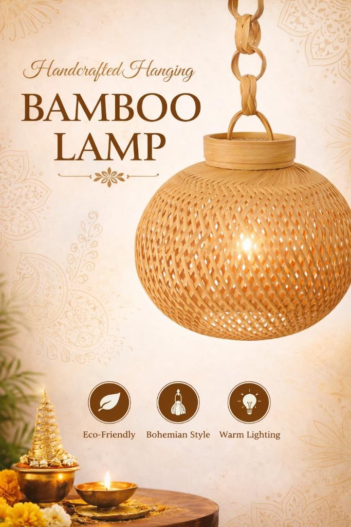 Bengal Handicrafts & Handlooms Bamboo Decorative Handicraft Vintage Globe Type, Pendant Light for Home Decoration with Chain (Gold and Brown, Diameter-10 Inch, 5W)