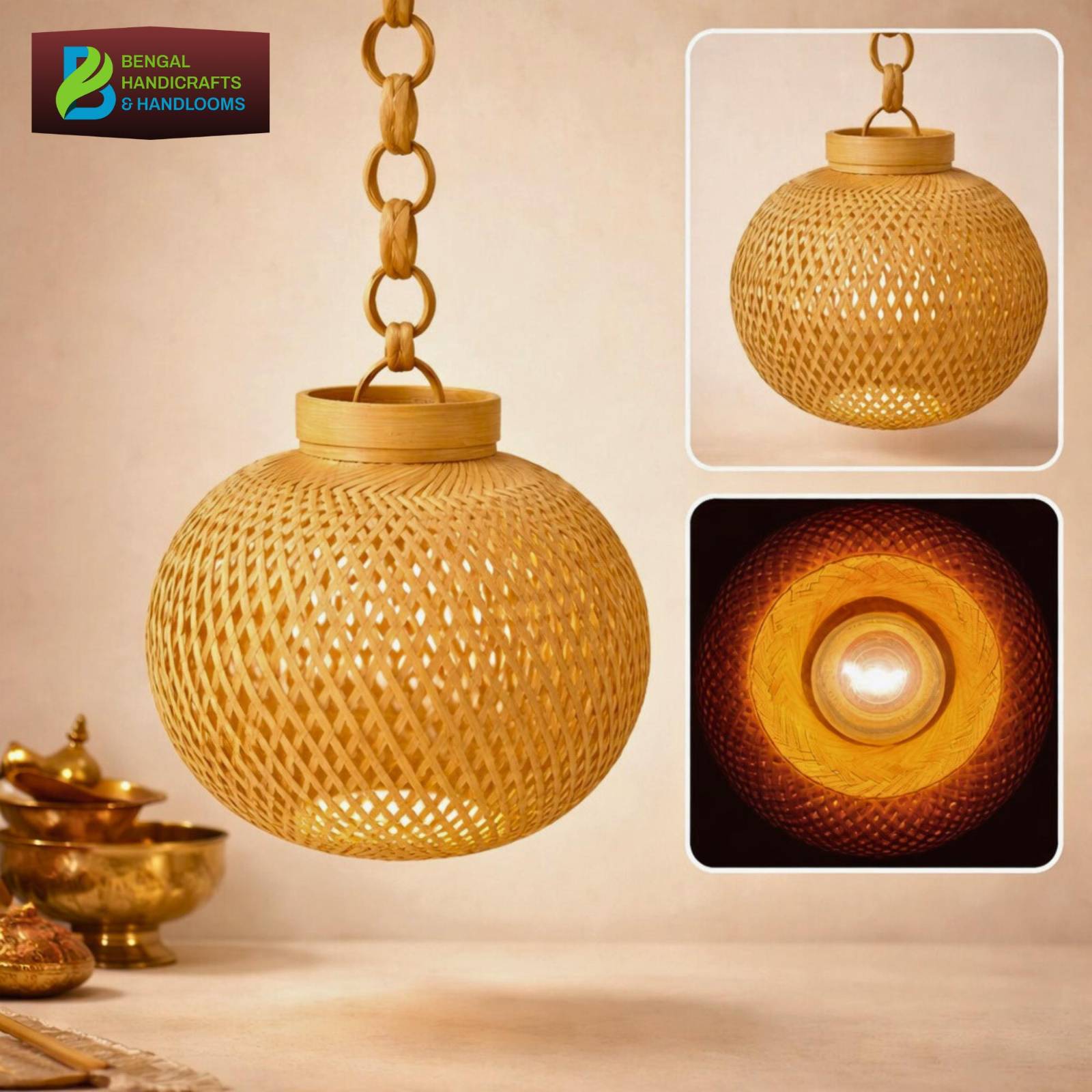 Bengal Handicrafts & Handlooms Bamboo Decorative Handicraft Vintage Globe Type, Pendant Light for Home Decoration with Chain (Gold and Brown, Diameter-10 Inch, 5W)